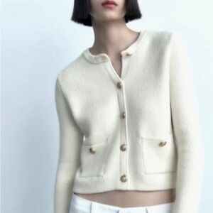 Zara / Ecru Knit Cardigan with Gold Buttons Size L